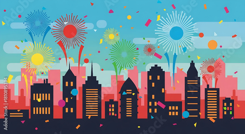 Festive Cityscape Celebration with Fireworks Illustration