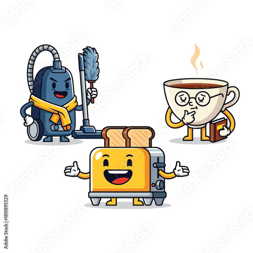 Whimsical cartoon characters bring humor to everyday chores and routines with a playful cup of coffee, a cleaning vacuum, and a friendly toaster