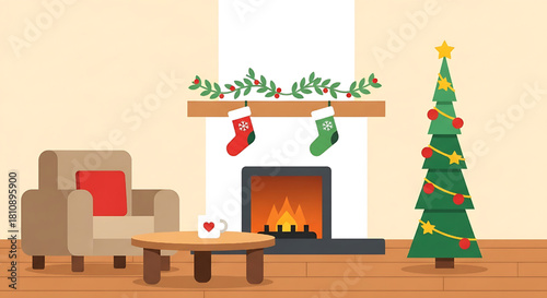 Festive Christmas living room interior with tree and fireplace vector
