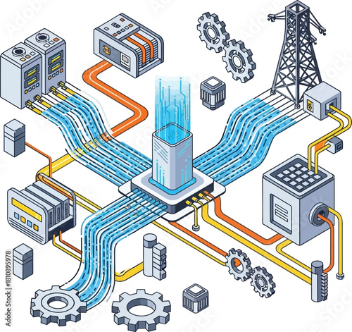 Dynamic isometric illustration showcases power grid infrastructure with energy transmission and innovative technology for modern industrial applications