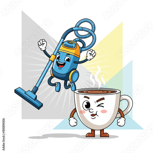 Whimsical cartoon scene of a happy vacuum cleaner celebrating cleanliness next to a cheeky cup of coffee, bringing joy to everyday household chores