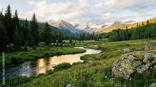 Serene Green Mountain Valley with Winding River and Evergreen Forest