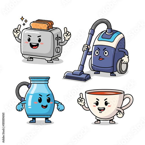 Cute cartoon household appliances characters for fun kitchen or cleaning concepts, featuring toaster, vacuum, water jug, and coffee cup with happy expressions