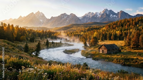 Majestic Autumn Mountain Landscape with Winding River and Snow Peaks