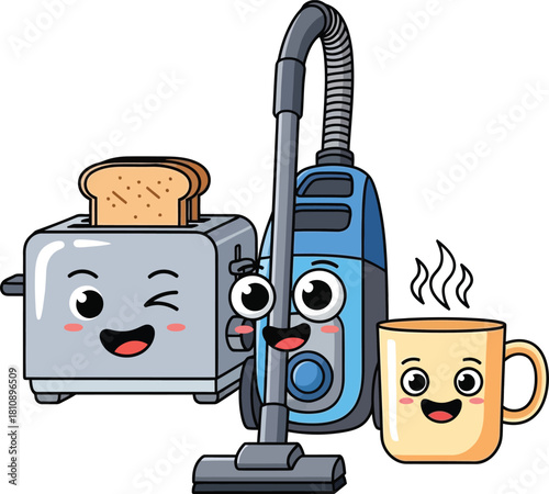 Whimsical cartoon toaster with toast, vacuum cleaner, and steaming mug offer a playful take on daily routines, perfect for adding fun to any project