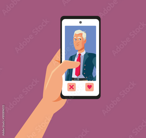 Woman Chooses a Match on a Dating App Vector Illustration. Lady finding a perfect match online liking the profile picture of a man 