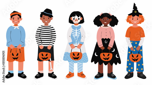 Halloween fun with diverse kids dressed in spooky costumes for trick or treating adventure