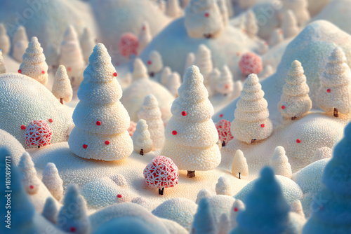 Whimsical Snow-Covered Pine Forest: Fluffy Winter Landscape