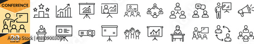 Conference presentation and meeting business line icons set for digital use, web, print, and infographics. Vector