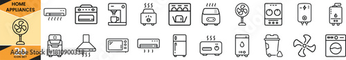 Line icons for home appliances covering kitchen, laundry, heating, cooling, and general household equipment set. Vector