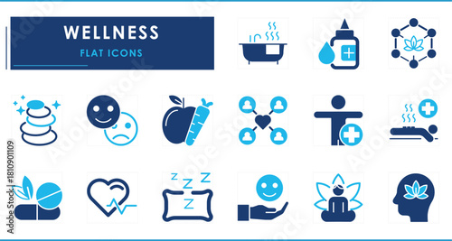 A set of flat icons related to Wellness. Meditation, natural healing, medicine, heartbeat, fruits, good sleep, and so on.