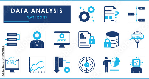 A set of flat icons related to Data analysis. Organize, flow chart, graph, present, digital data, security, research, timeline, encryption, and so on.