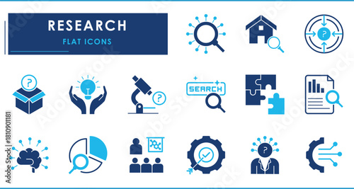 A set of flat icons related to Research. Search, digital, gear, mindful, intelligent, pie chart, conference, brain, online, microscope, puzzle, and so on.