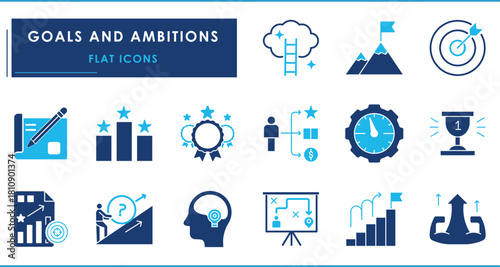 A set of flat icons related to Goals and Ambitions. Goal, achieve, efficient, challenge, trophy, target, hard work, plans, mindset, and so on.
