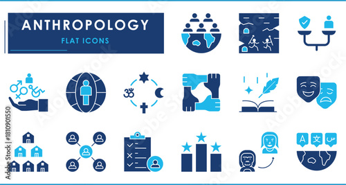 A set of flat icons related to Anthropology. Culture, society, ethnography, archaeology, linguistics, rituals, evolution, mythology, and so on.