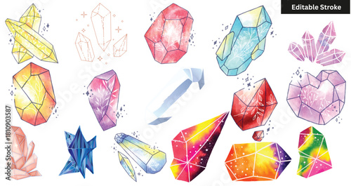 "Watercolor Crystal & Gemstone Clipart Set – Galaxy, Floral & Healing Crystals Editable Stroke Collection"
