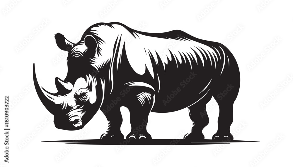 Fototapeta premium black color rhinoceros animal silhouette vector illustration, solid white background