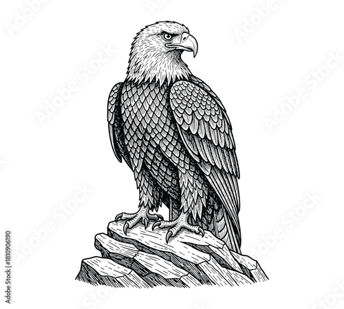 Eagle engraving illustration fierce bird of prey perched on rock, bold vintage design, wildlife predator symbol