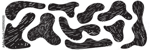 Black  abstract scribble shapes . Funky abstract crayon drawn fluid shapes. Vibrant hand-drawn abstract blobs in multiple colors, ideal for creative backgrounds, playful graphic design.