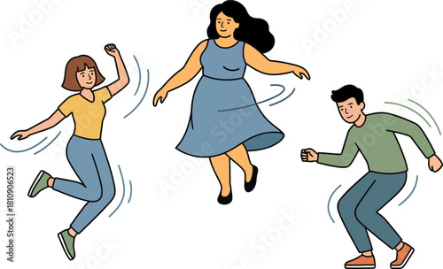 Dancing Ensemble: An illustration of three figures immersed in a playful dance, capturing the rhythm and movement with dynamic energy.