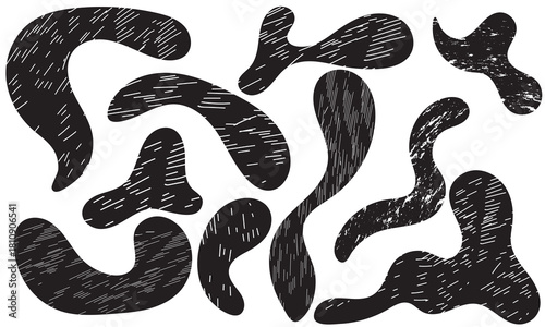 Black  abstract scribble shapes . Funky abstract crayon drawn fluid shapes. Vibrant hand-drawn abstract blobs in multiple colors, ideal for creative backgrounds, playful graphic design.