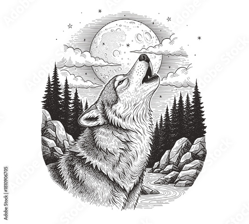 Howling Wolf and Full Moon Line Art Illustration Vector  Tattoo Style Wildlife Drawing