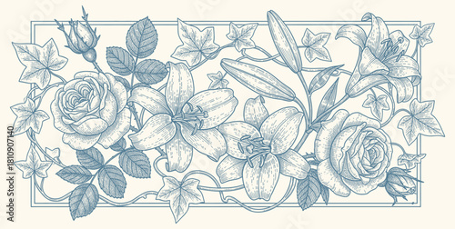 Vintage botanical engraving of intertwined roses, lilies, and ivy leaves framed in an elegant ornamental rectangular border.