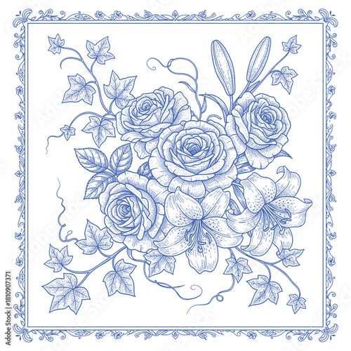 Vintage botanical engraving of intertwined roses, lilies, and ivy leaves framed in an elegant ornamental rectangular border.