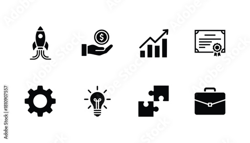 Collection of Business and Startup Icons, Featuring Rocket, Money, Graph, Certificate, Gear, Lightbulb, Puzzle, and Briefcase