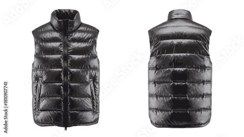 Front and Back View of a Black Padded Vest on a White Background puffer vest sleeveless jacket