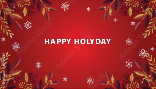 Festive winter holiday illustration on a red gradient background featuring elegant corner borders with golden leaves and berries