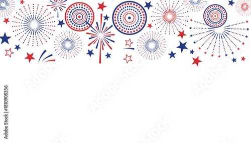 A patriotic holiday celebration banner featuring red, white, and blue fireworks and stars creating a festive top border. This vector illustration has ample copy space for text