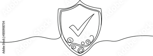 Minimalist continuous one line art drawing of a security shield with a checkmark symbol, representing protection, quality assurance, safety, and secured digital services.