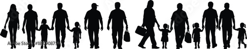 Large Crowd Silhouettes of Diverse Family Groups Walking Together Holding Hands Parents and Young Children Pedestrians Strolling