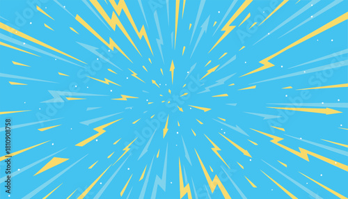 Abstract comic book background with yellow lightning bolts creating a dynamic warp speed explosion and motion effect on a blue backdrop