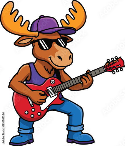 Cool moose mascot playing electric guitar, wearing sunglasses and cap, vector illustration for rock music band or t-shirt design.