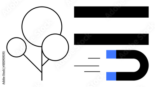 Abstract tree with circular shapes, black magnet with blue tips emitting lines, and bold black bars. Ideal for sustainability, growth, energy, attraction, focus balance innovation. Simple flat