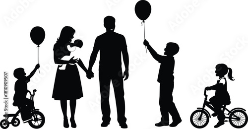 Silhouette family enjoying outdoor activities with children riding bicycles and holding balloons, capturing warm parenting moments, playful childhood joy and togetherness