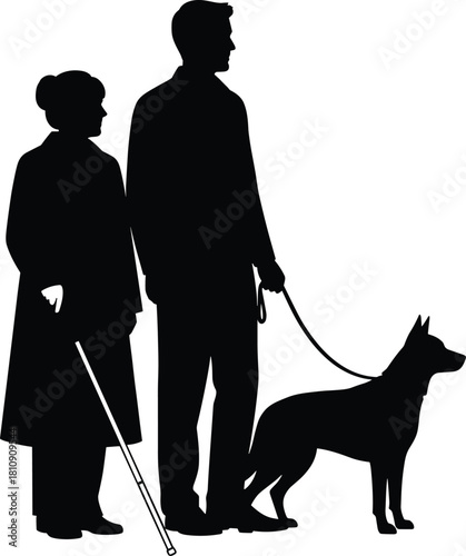 Silhouette illustration of man walking with guide dog beside visually impaired woman holding cane, depicting support, accessibility, independence, mobility, and assistance