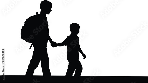 Silhouette illustration of adult guiding child while walking together, symbolizing family bonding, safety, education, responsibility, parenting support, and emotional connection