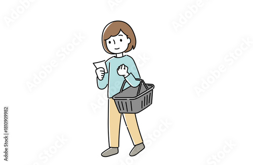 メモを片手に買い物かごをもっている女性