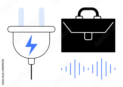 Electric plug with lightning bolt, black business briefcase, blue audio wave. Ideal for energy, technology, business, career, multitasking sustainability creativity. Simple flat metaphor
