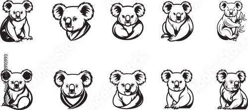 Collection of ten black and white koala illustrations in various poses marsupial