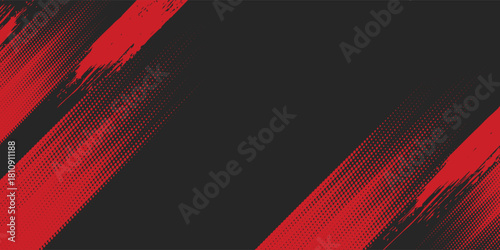Dynamic black and red grunge halftone abstract background with diagonal brush stroke texture, modern edgy design suitable for sports posters, gaming banners, racing themes, digital ads, n high-energy.