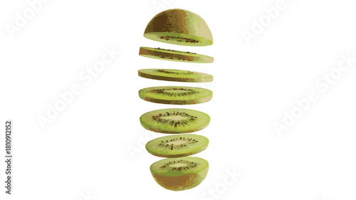 Sliced Kiwi Fruit Levitating in Vertical Stack on White Background slices