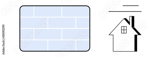 Brick wall and simple house outline with chimney, window, and roof lines. Ideal for construction, architecture, building, home design, renovation housing property development. Simple flat metaphor