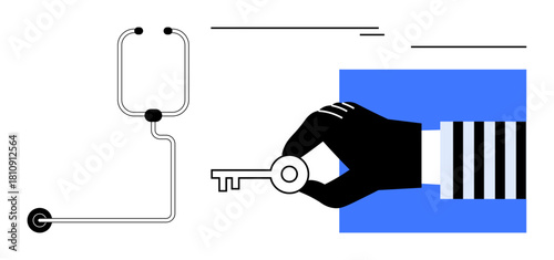 Hand holding key near abstract lock outline with bold geometric patterns. Ideal for security, access control, data protection, digital security, privacy, unlocking potential, innovation. Bold simple