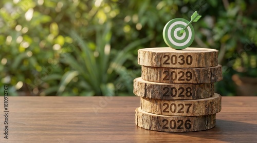 Eco themed wooden timeline with green target year 2026, 2027, 2028, 2029 and 2030