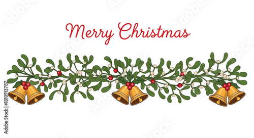 Merry christmas garland with golden bells, mistletoe, and red berries