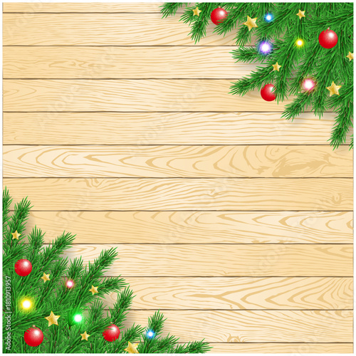 クリスマスのもみの木と木板背景イルミネーション飾りのフレーム